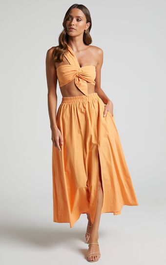 Sula Two Piece Set - One Shoulder Bralette Crop Top and Midi Skirt Set in Sherbet Orange | Showpo (US, UK & Europe)