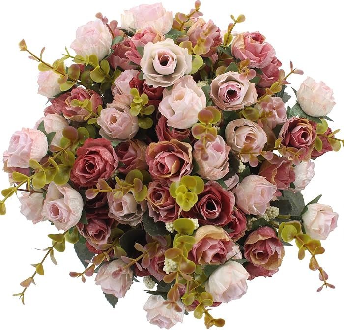 Duovlo 7 Branch 21 Mini Rose Heads Artificial Flowers Bouquet Wedding Home Office Decor,Pack of 4... | Amazon (US)