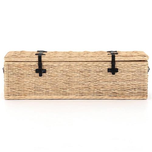 Jayden Coastal Beach Natural Brown Woven Rattan Black Leather Buckle Trunk | Kathy Kuo Home