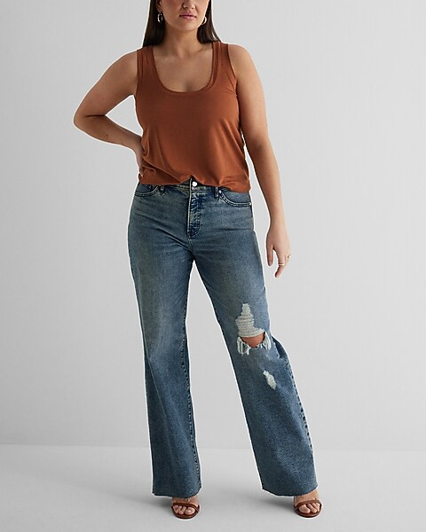 High Waisted Medium Wash Ripped Wide Leg Jeans | Express