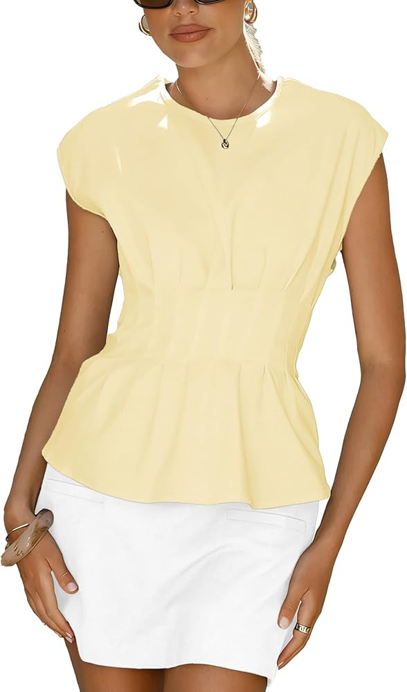 Women's Peplum Tops Short Sleeve Summer Blouses T-Shirts Dressy Casual Crew Neck Pleated Babydoll... | Amazon (US)