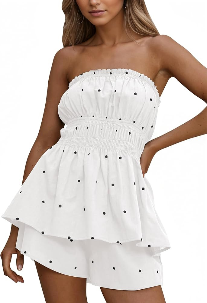Summer Polka Dot Set For Women Ruffle Tube Tops Wide Leg 2 Piece Short Set Matching Lounge Set Be... | Amazon (US)