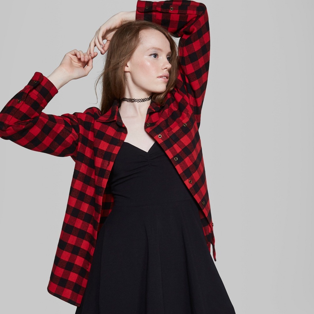 Women's Plaid Long Sleeve Flannel Button-Down Shirt - Wild Fable Red Xxl | Target