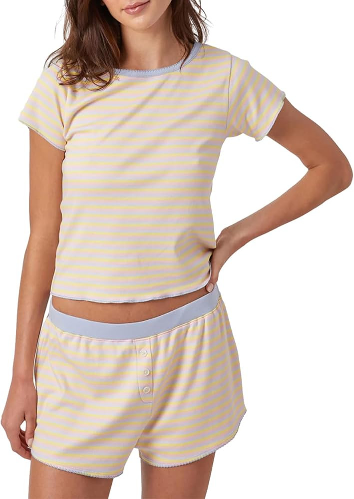 RUEWEY Women's Y2K Lounge Set Flower/Heart Print Short Sleeve T-Shirt with Elastic Waist Button S... | Amazon (US)