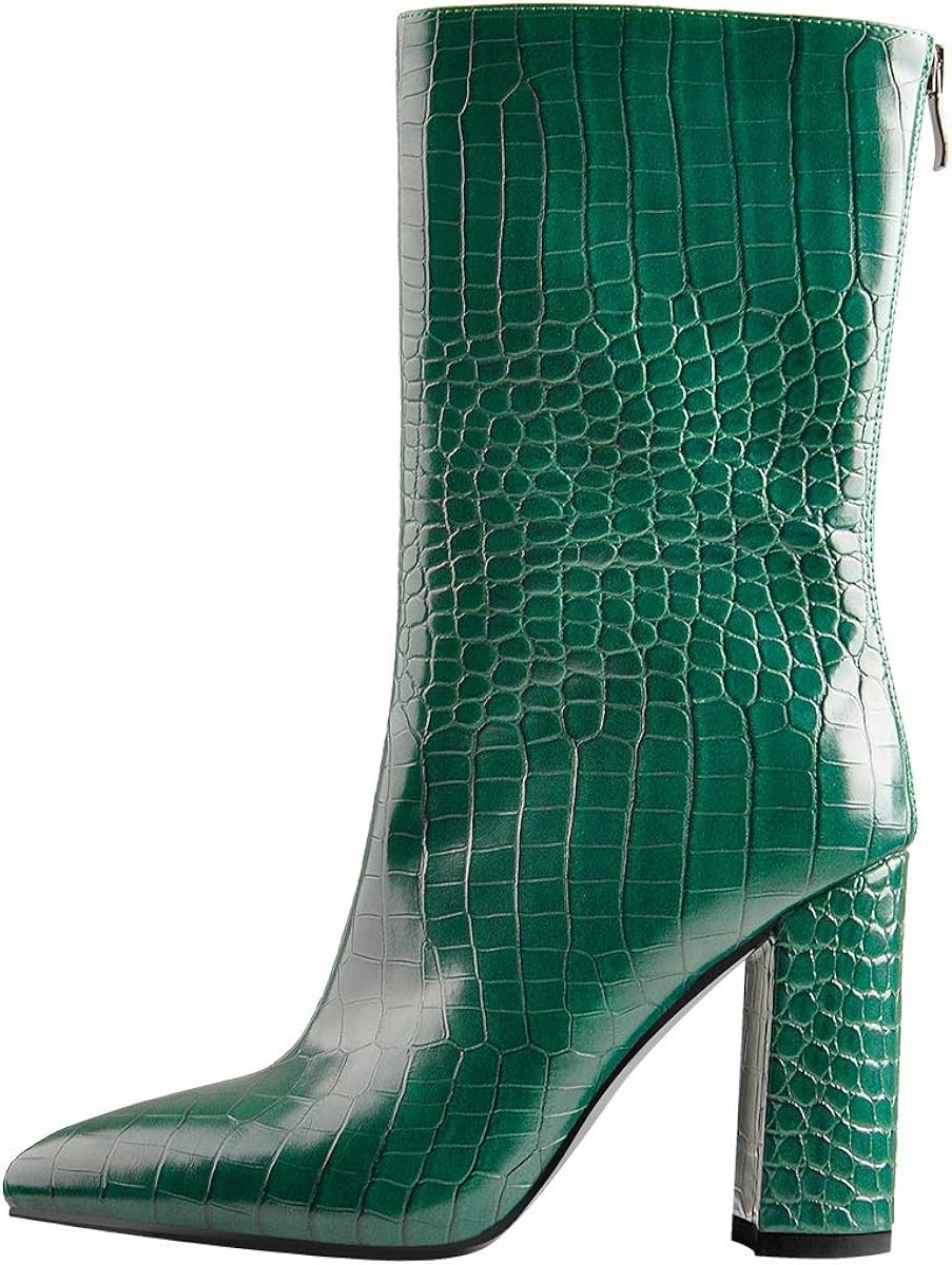 LISHAN Women's Green Snakeskin Mid Calf Boots Chunky Heel Crocodile Shoes | Amazon (US)