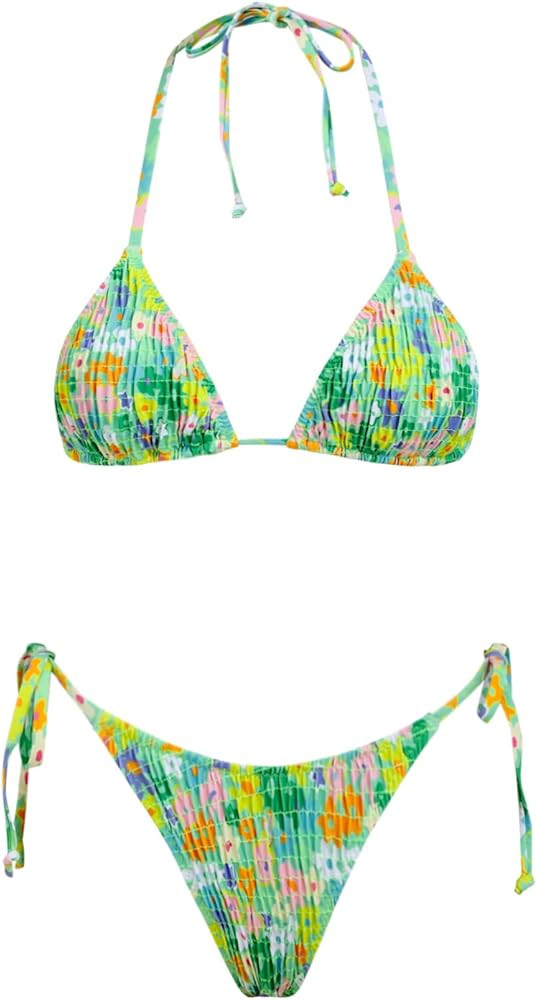 VOLAFA Women's Triangle Bikini Set String Swimsuit Print Tie Smocked Ruched Two Piece Bathing Sui... | Amazon (US)
