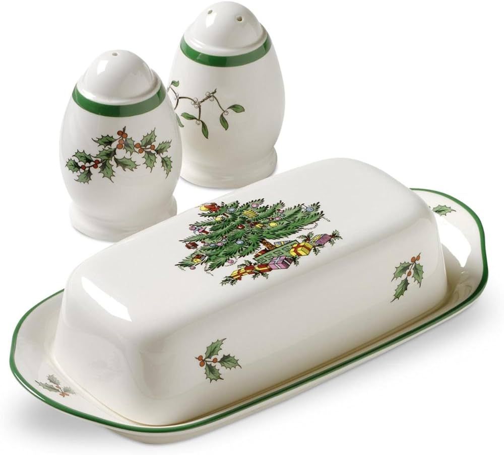 Spode Christmas Tree 3-Piece Hostess Set, 8 – Inch Butter Dish with Lid, 3 – Inch Salt and Pe... | Amazon (US)