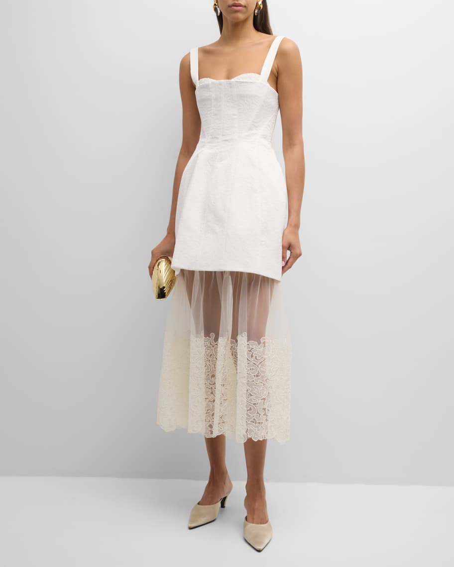 SIMKHAI Callan Jacquard Lace Sleeveless Bustier Midi Dress | Neiman Marcus