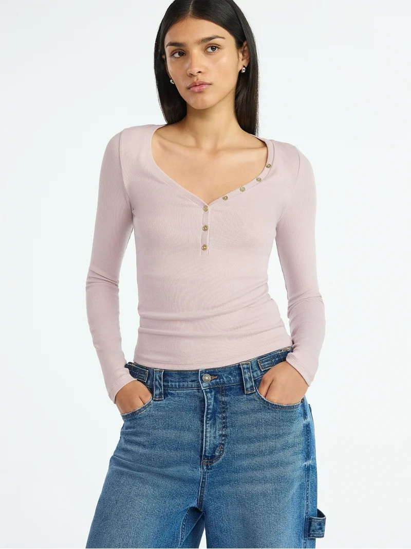 Scoop Women’s Ribbed V Neck Henley Top with Long Sleeves, Sizes XS-XXL | Walmart (US)