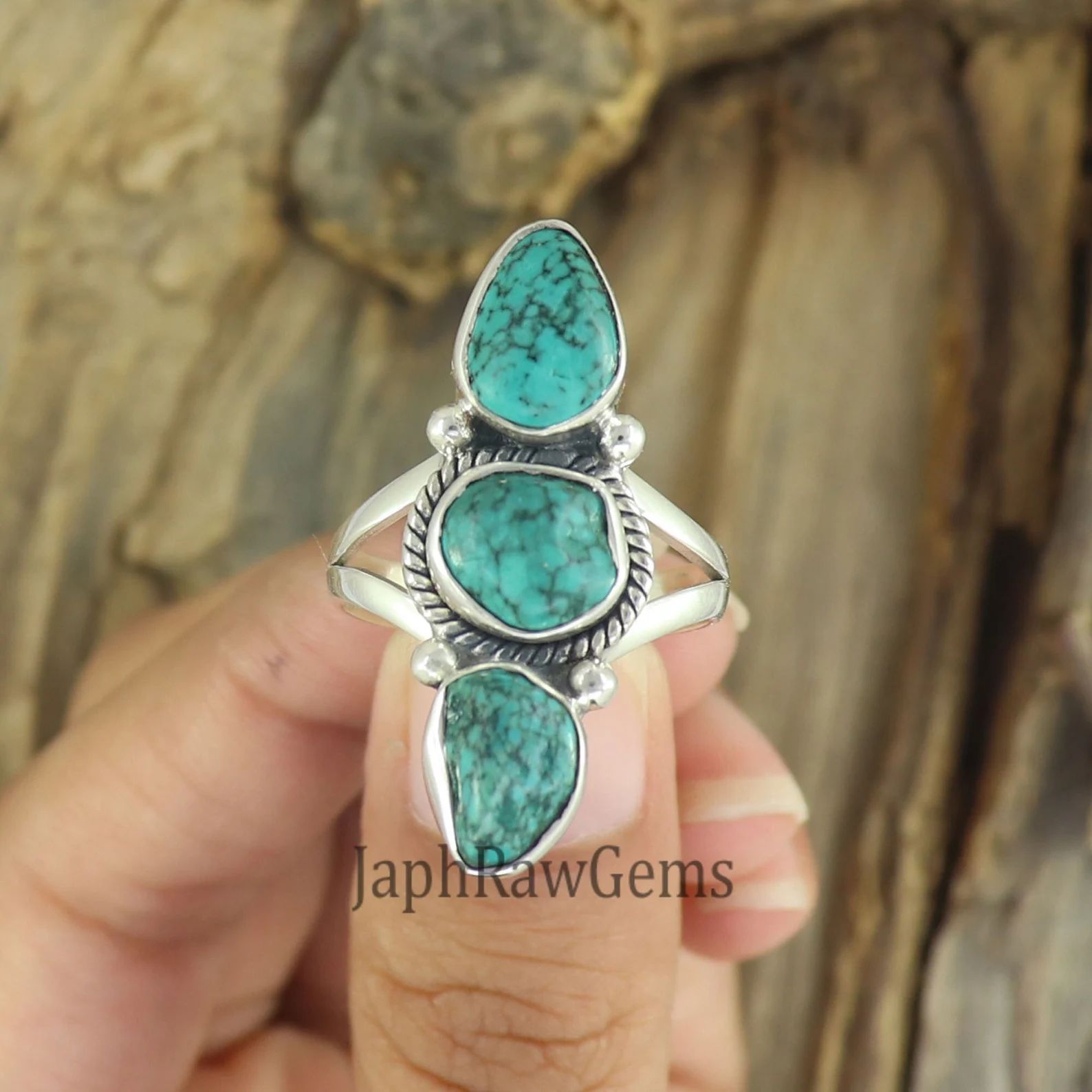 Raw Turquoise Ring, 925 Silver Ring, Bohemian Three Stone Ring, Large Stone Ring, Turquoise Ring,... | Etsy (US)