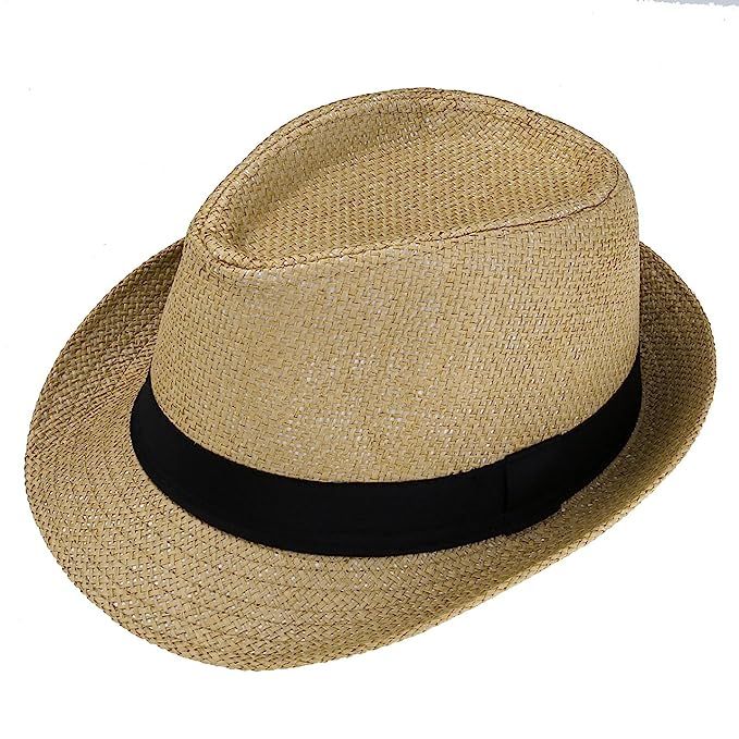 FALETO Unisex Summer Panama Straw Fedora Hat Short Brim Beach Sun Cap Classic | Amazon (US)