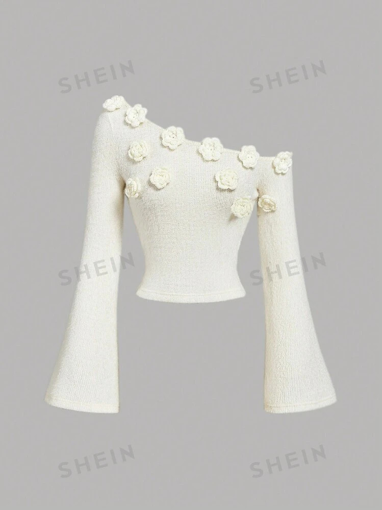 SHEIN MOD Women Oblique Shoulder 3D Flower Knitted Flare Sleeve Top, Winter Blouse, White Sweater... | SHEIN