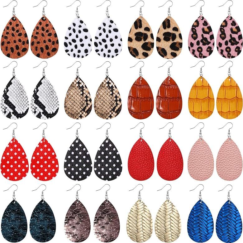 Valentine's Day 16 Pairs Faux Leather Earrings Teardrop Leaf Drop Earring Gift for Girlfriend Wif... | Amazon (US)