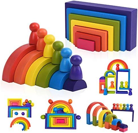 Wooden Rainbow Stacking Game Learning Toy Geometry Building Blocks for Toddlers Age 3 4 5 6 Years... | Amazon (US)