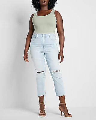 Super High Waisted Ripped Raw Hem Mom Jeans | Express