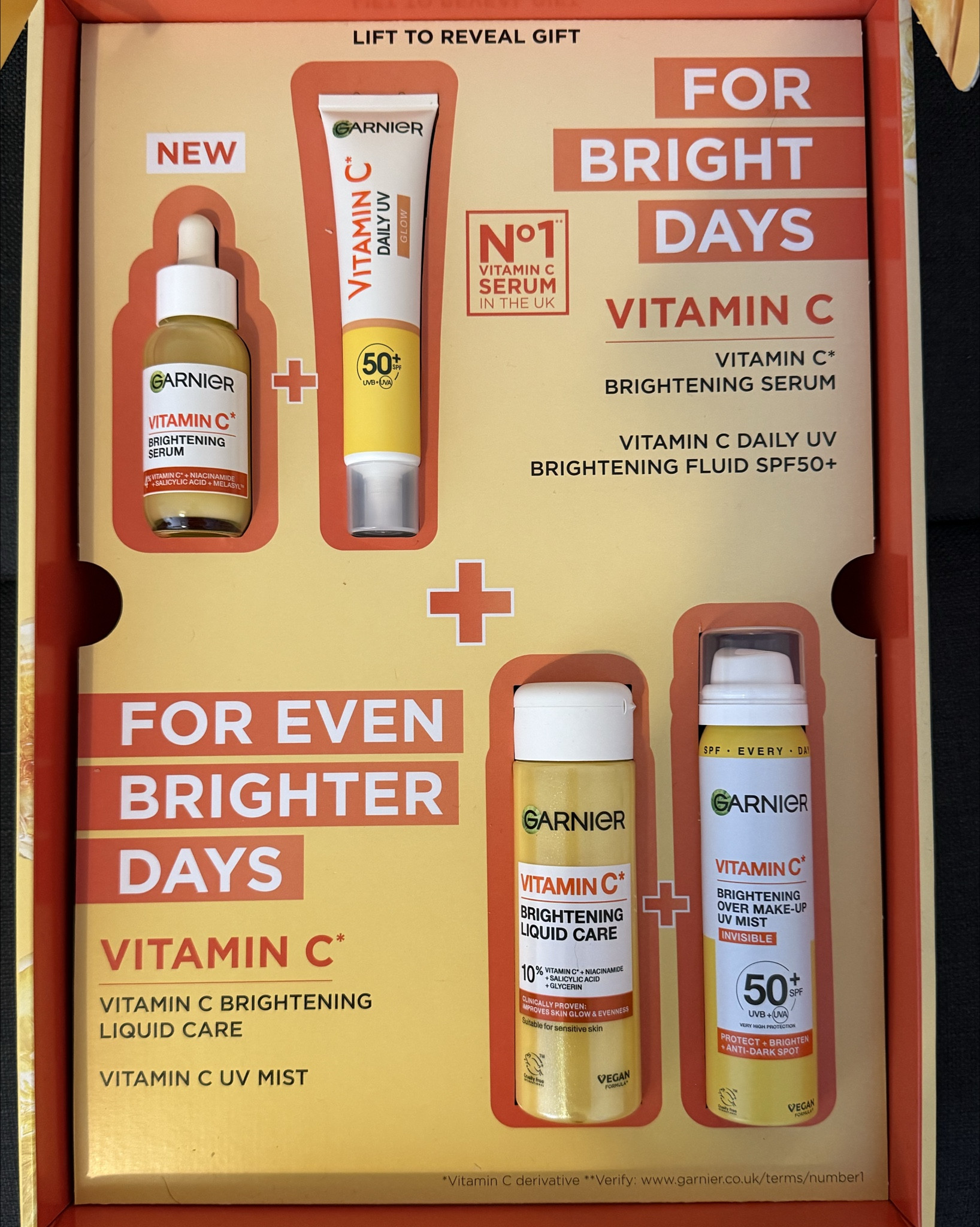 🧡Garnier sent over some goodies from their new range to help me look on the bright side.
*Ad - gifted products.
It also included the sweetest hidden gift… a gratitude journal. I definitely need something to help me look on the bright side at the moment.

Vitamin C Brightening Serum 
Garnier’s 1st Brightening Serum with 4% [VITAMIN C* + NIACINAMIDE + SALICYLIC ACID + MELASYLTM] for brighter skin in 3 days. A lightweight, non-sticky, fast absorbed formula, proven to even skin and reduce all types of dark spots. 

Vitamin C Daily UV Glow
This Daily UV Fluid combines a very high protection SPF50+ to prevent sun damages with Vitamin C* known for its efficacy on boosting brightness and improving complexion and Mineral pigments for instant radiance and glow in a sheer glow lightweight fluid.

Vitamin C Brightening Liquid Care
This Vitamin C* Brightening Liquid Care combines [VITAMIN C*] and [GLYCERIN + NIACINAMIDE + SALICYLIC ACID] to deeply hydrate and brighten for more glowing skin.

Vitamin C Brightening Over Make-Up UV Mist SPF 50+
Garnier Vitamin C* Brightening Over Make-Up UV Mist SPF50+. Very high protection. Proven to prevent dark spots and brighten skin. *Vitamin C derivative.

Superdrug have a good offer on the whole range right now if you want to try anything.

#garnier
#garnierskincare
#skincare 
#skincarecommunity 
#skincareroutine 
#vitaminc 
#spfmist
#brighteningserum
#affordableskincare 
#highstreetskincare
#garniervitaminc