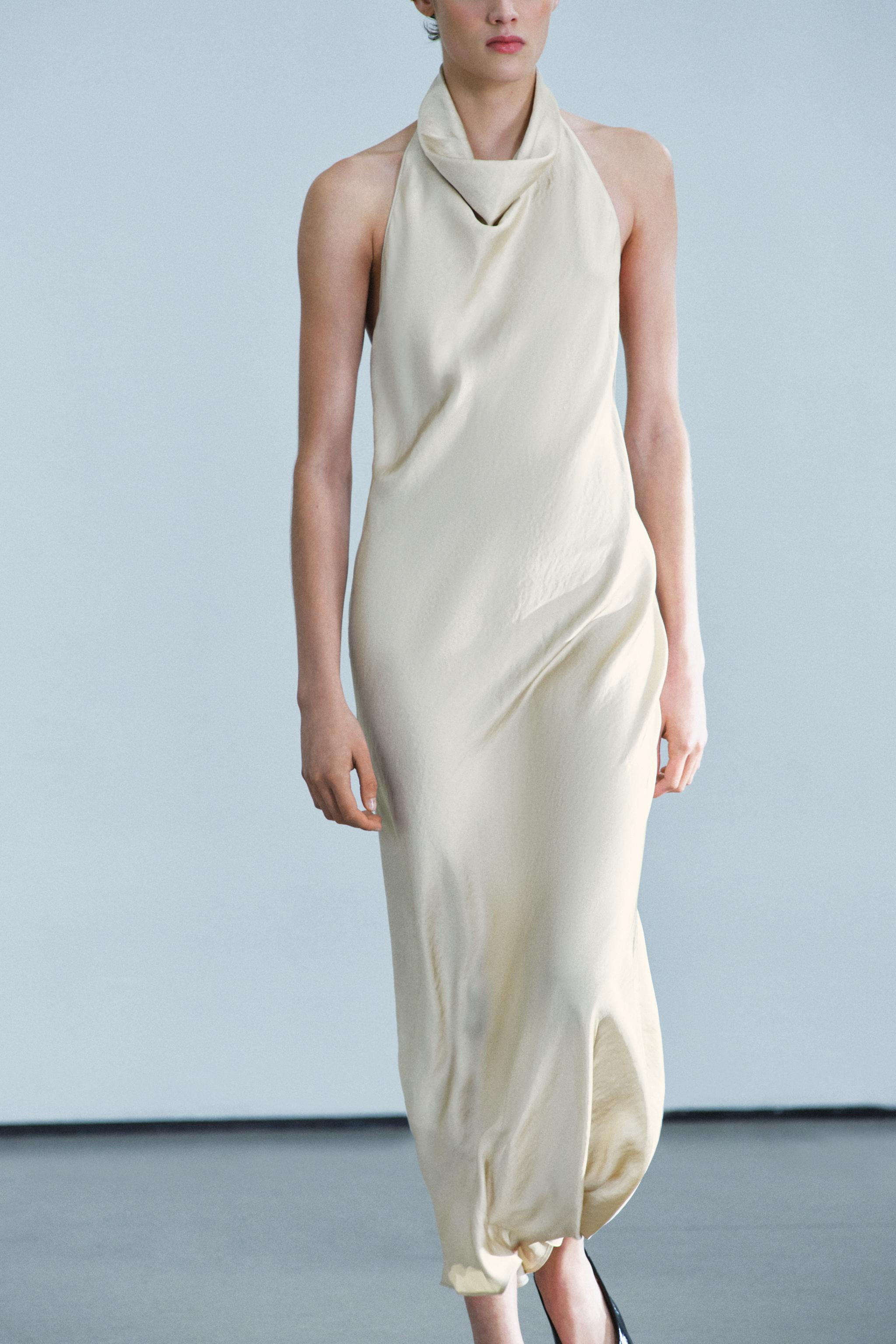 ZARA WOMAN COLLECTION. Midikleid aus Satinstoff. Halfterkragen mit flie\u00dfendem Ausschnitt und... | Zara DE