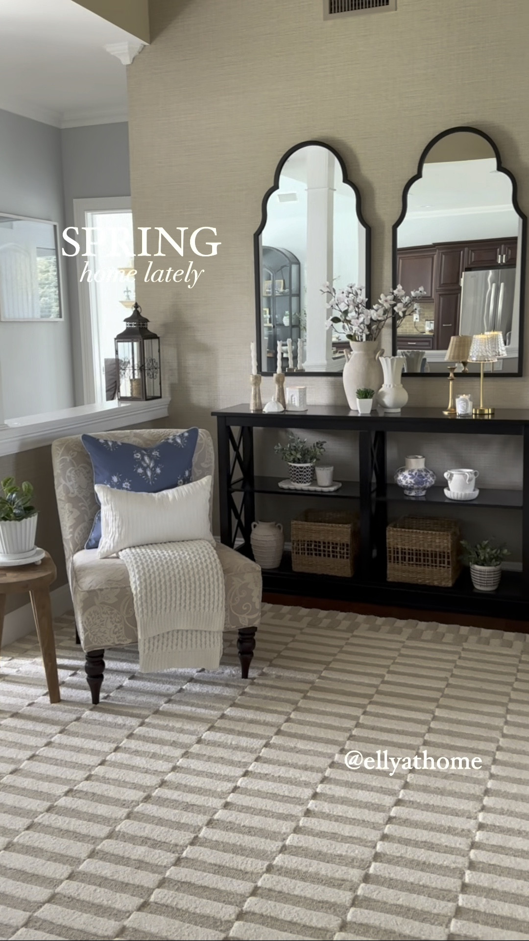 Sunny spring entryway, foyer. Shop best selling blue pillows, hanging basket, side table, neutral area rug on sale at Wayfair  accent chair, throw blanket, fragrant spring candles, touch light, console table, stool, basket, mirror. Spring home decor accessories. Amazon home, Target, Ballard Designs, Pottery Barn. Free shipping. 

#LTKsalealert #LTKVideo #LTKhome