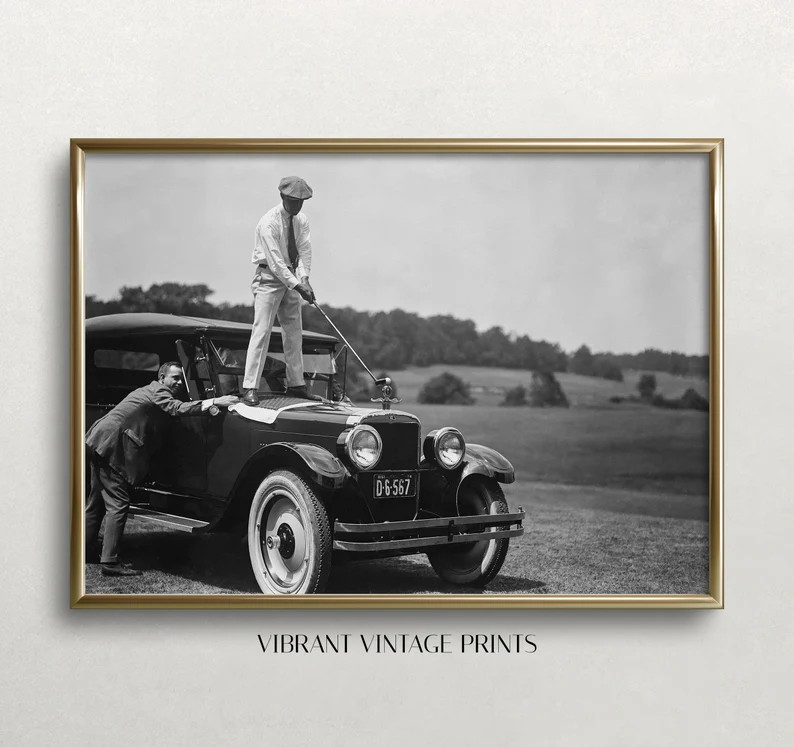 Golfer on Top of Car, Golf Wall Art, Black and White Art, Vintage Wall Art, Funny Wall Art, Antiq... | Etsy (US)