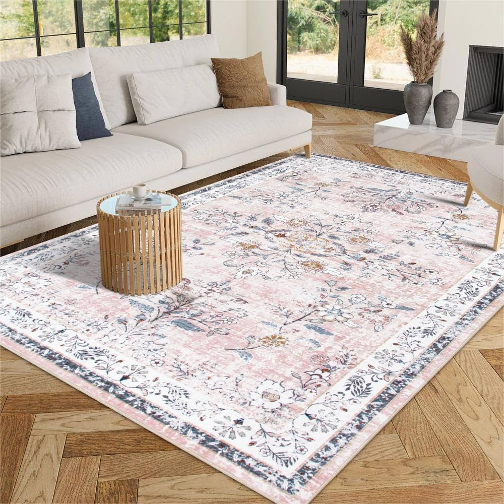 LIVEBOX 5x7 Boho Rugs for Living Room, Soft Pink Area Rug Non-Slip Faux Wool Rug, Ultra-Thin Wash... | Amazon (US)