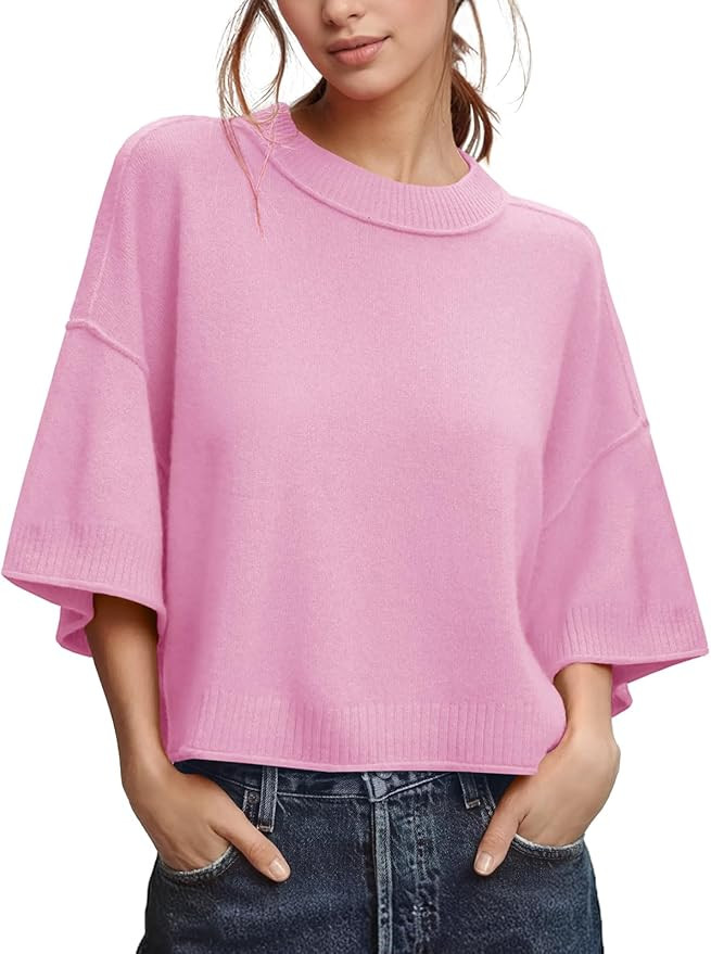ZDC Women's Oversized Sweaters Summer Short Sleeve Casual Cropped Tops Lightweight Loose Fit Knit... | Amazon (US)