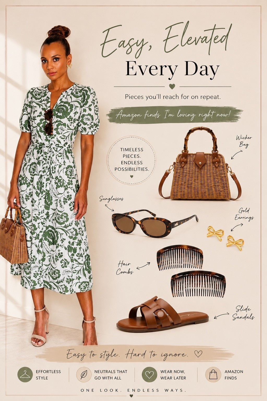 One of those easy outfits that just works 🤎 This green floral midi dress is feminine without feeling too dressy, and I love it paired with a woven bag and simple neutral accessories. Perfect for brunch, vacation, lunch dates, or any day you want to look put together with minimal effort. Shop the look below ✨ #LTKStyle #AmazonFashion #MidiDress #EverydayStyle #DressInspo #AmazonFinds