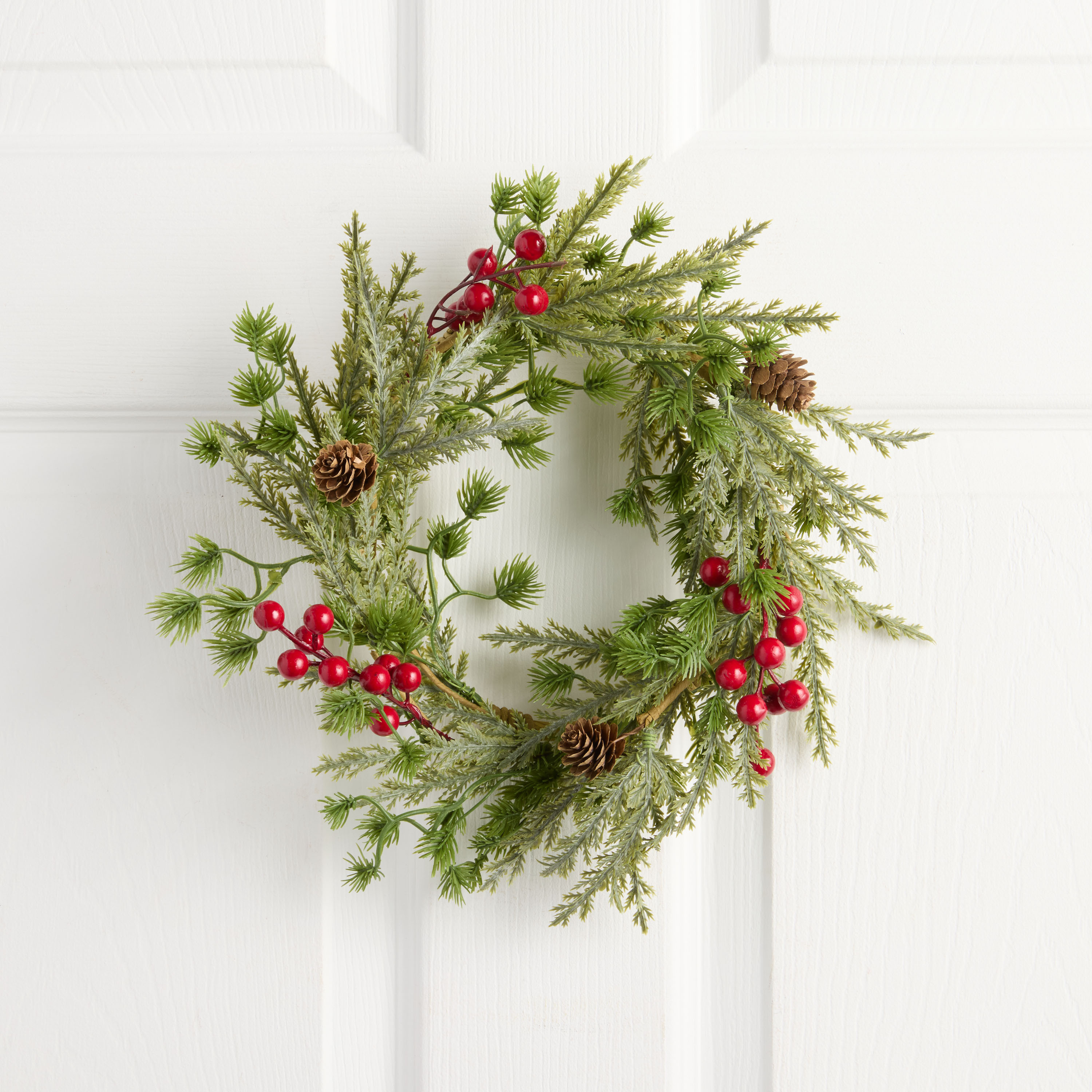 Green Faux Pine and Red Berries with Pinecones Wreath | World Market