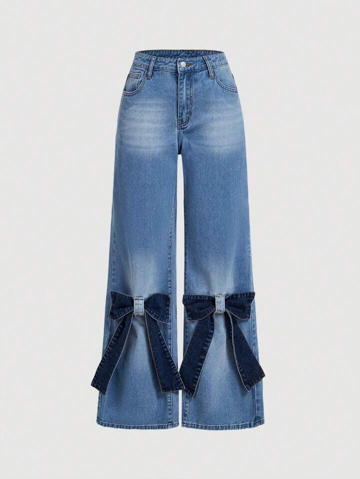 SHEIN MOD Women's Relaxed Fit Bowknot Embellished Washed Flared Jeans | SHEIN