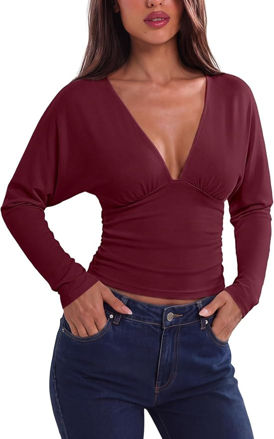 REORIA Women's V Neck Batwing Sleeve Ruched Fitted Going Out Tops 2026 Fall | Amazon (US)