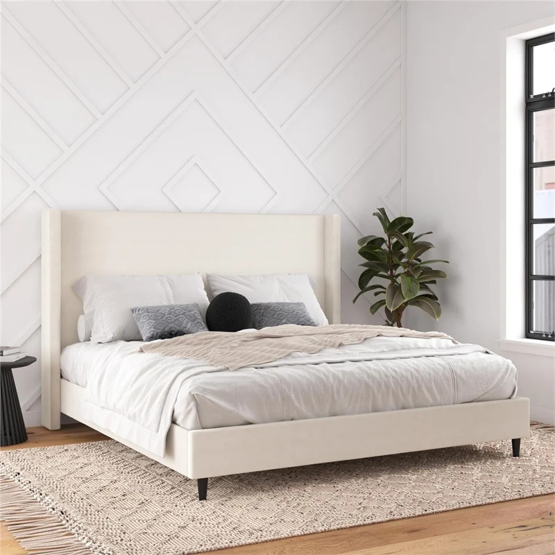 DHP Eveline Upholstered Platform Bed Frame - King in Textured Ivory Canvas | Homesquare