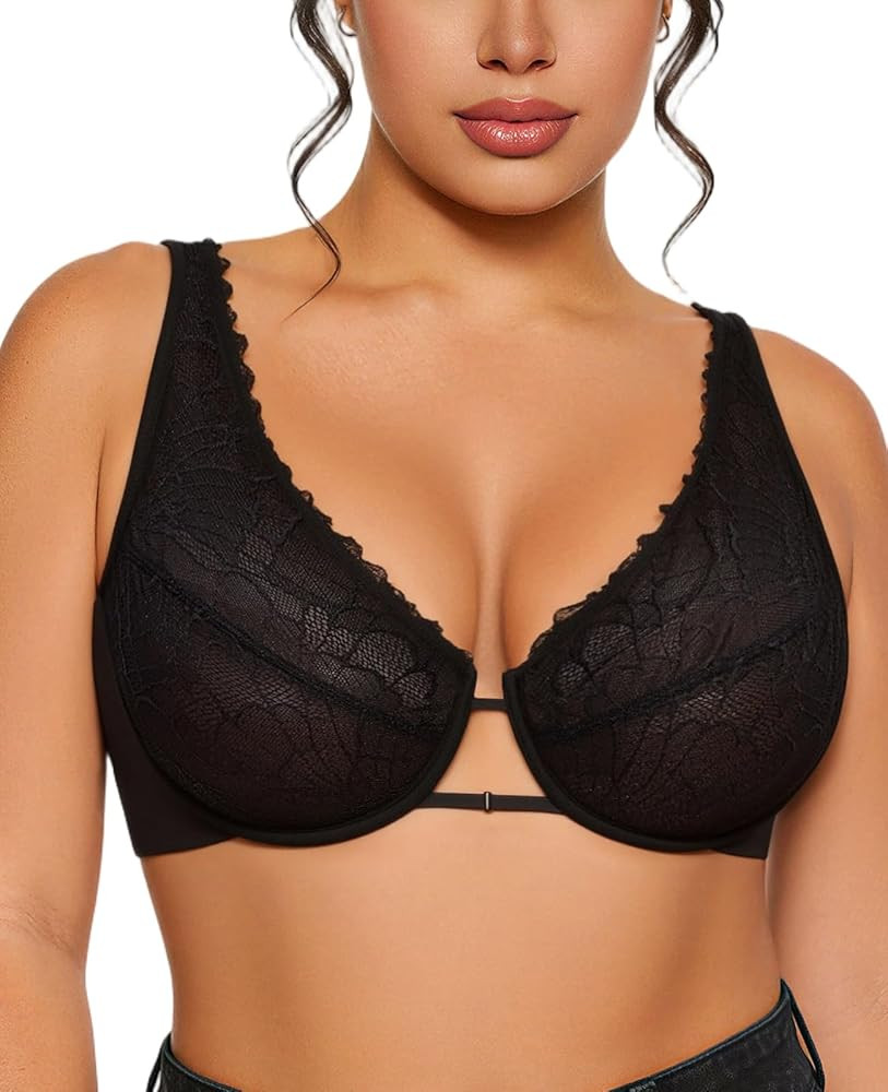 Upushall Lace Bra Full Coverage Plunge Unlined Sheer Comfortable Underwire Supportive Bras for Wo... | Amazon (US)