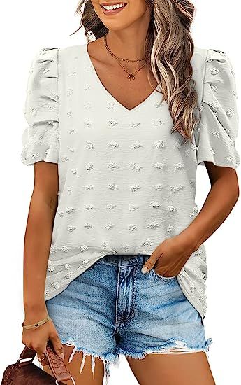 FAPPAREL Short Sleeve Tshirts for Women Chiffon V Neck Blouses Cute Puff Sleeve Tops | Amazon (US)