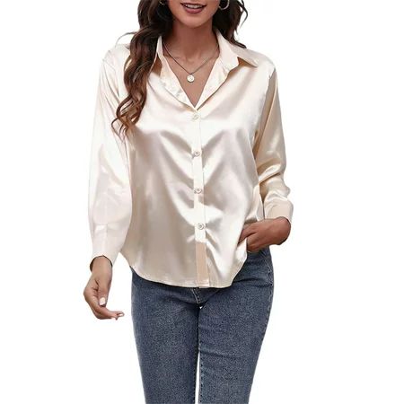 Women s Silk Blouse Long Sleeve Satin Button Down Shirt Casual Work Office Silky Blouse Top | Walmart (US)