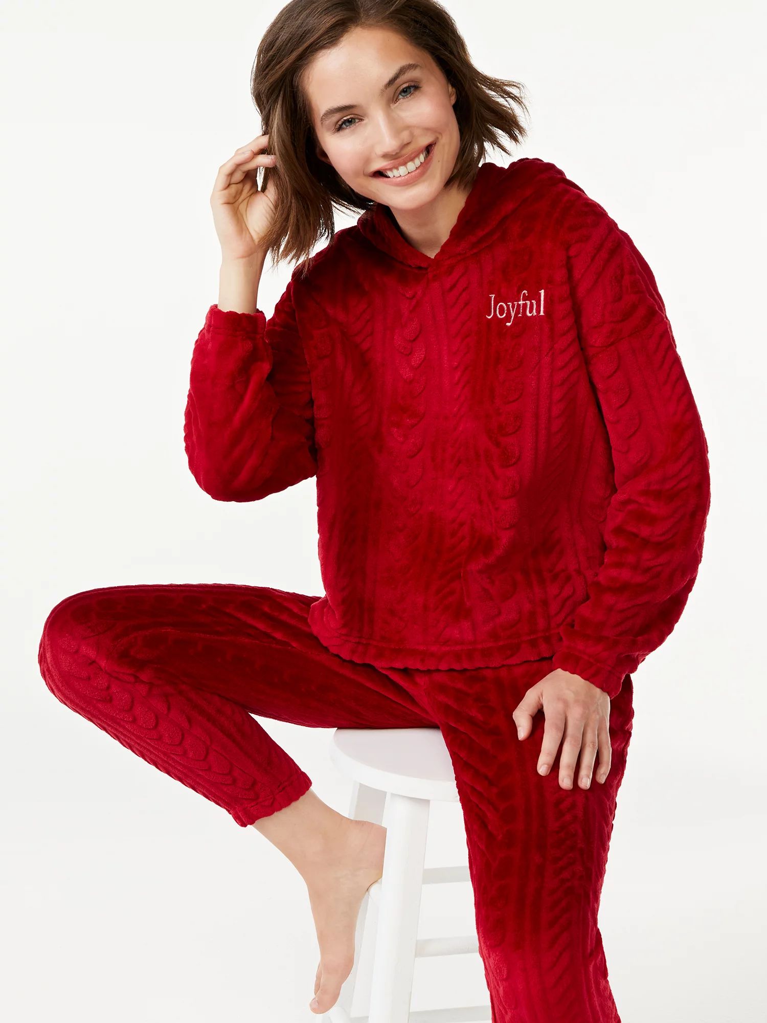 Joyspun Women's Plush Cable Long Sleeve Hooded Top and Pants Pajama Set, 2-Piece, Sizes up to 3X ... | Walmart (US)