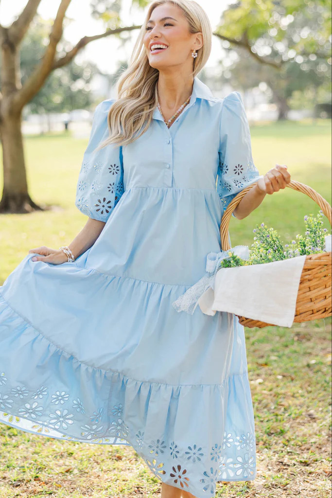Love Found Light Blue Embroidered Tiered Midi Dress | The Mint Julep Boutique