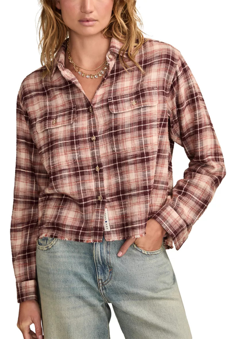Women's Plaid Printed Frayed Hem Shirt | Belk