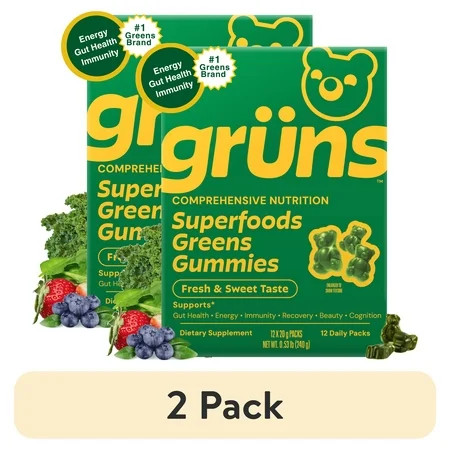 (2 pack) Gruns Adult Superfood Greens Gummies, with 60 Organic Ingredients, 21+ Vitamins & Minerals, Prebiotics and Fiber for Digestion, Adaptogens, Spirulina & Chlorella, 12 Servings | Walmart (US)