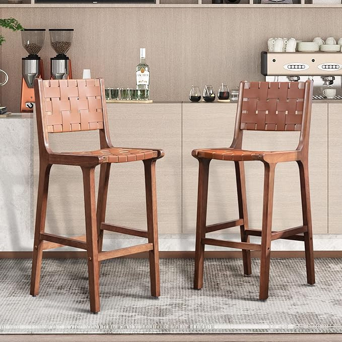 Bonzy Home 28" Woven Bar Stools Set of 2, Faux Leather Kitchen Stool Chairs with Back and Wooden ... | Amazon (US)