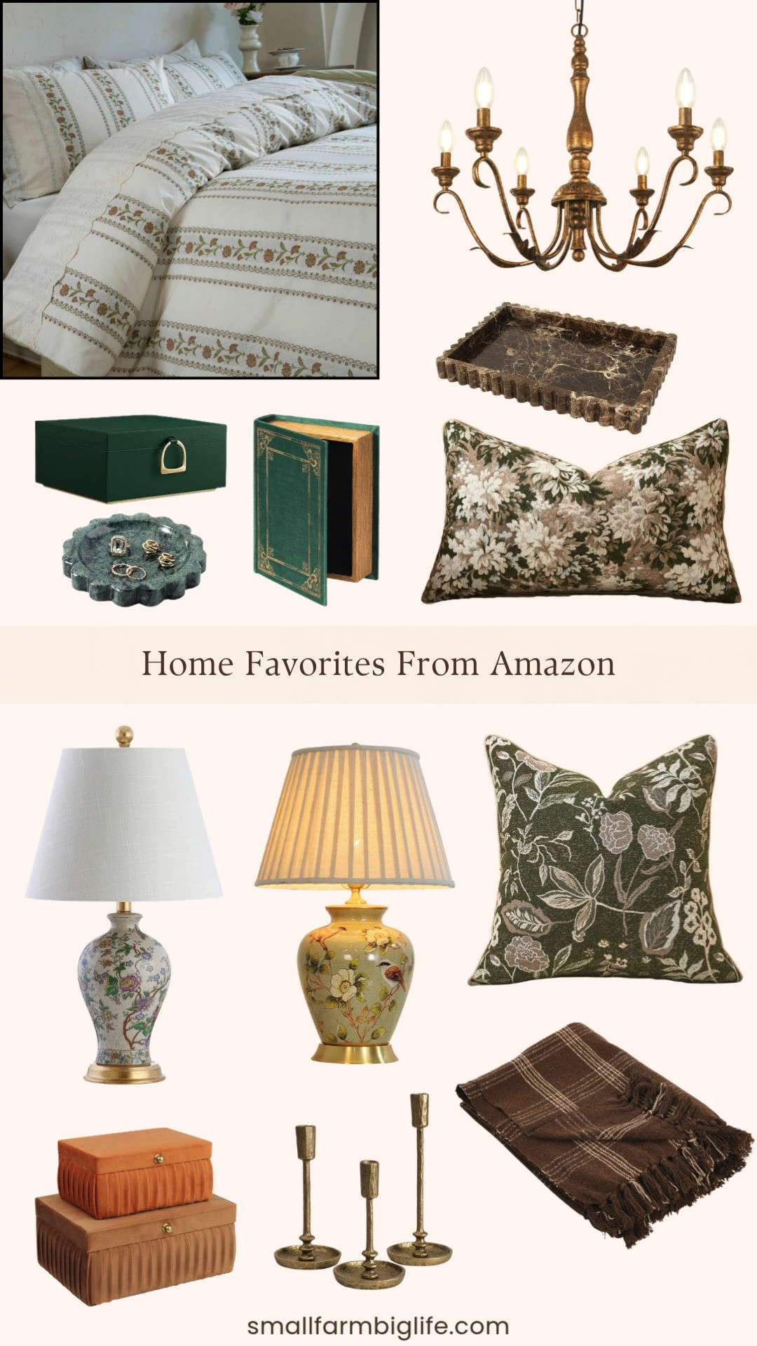 These home finds are perfect for adding some heritage charm to any room this fall. The hand painted chinoiserie table lamp and the French country floral urn lamp both bring that classic, layered look to a bedroom or living room. This brass farmhouse chandelier is a gorgeous statement piece for a dining room or entryway.

For storage with style, this jewelry organizer with a floating tray and this vintage book shaped trinket box are both so pretty sitting out on a dresser. Loving this set of velvet jewelry boxes too for an elegant catch all.

These cast iron taper candle holders add instant warmth to a table setting, and these chenille floral pillow covers are perfect for bringing in some fall texture without a full room refresh. This brown plaid fringe throw blanket is the coziest layer for a sofa or bed.

Finishing the look with a dark brown marble vanity tray and a scalloped marble trinket dish, both so good for a bathroom counter or nightstand.

#homedecor #falldecor #amazonhome #cozyhome #farmhousedecor 

 #LTKHome