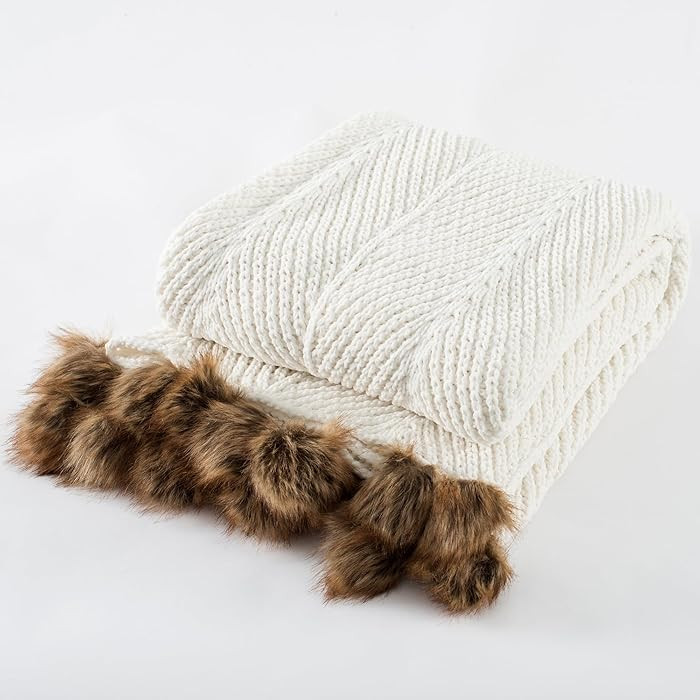 Chenille Knit Pompom Throw Blanket Fluffy Fuzzy Soft Lightweight Cozy Farmhouse Tassels Chunky Kn... | Amazon (US)