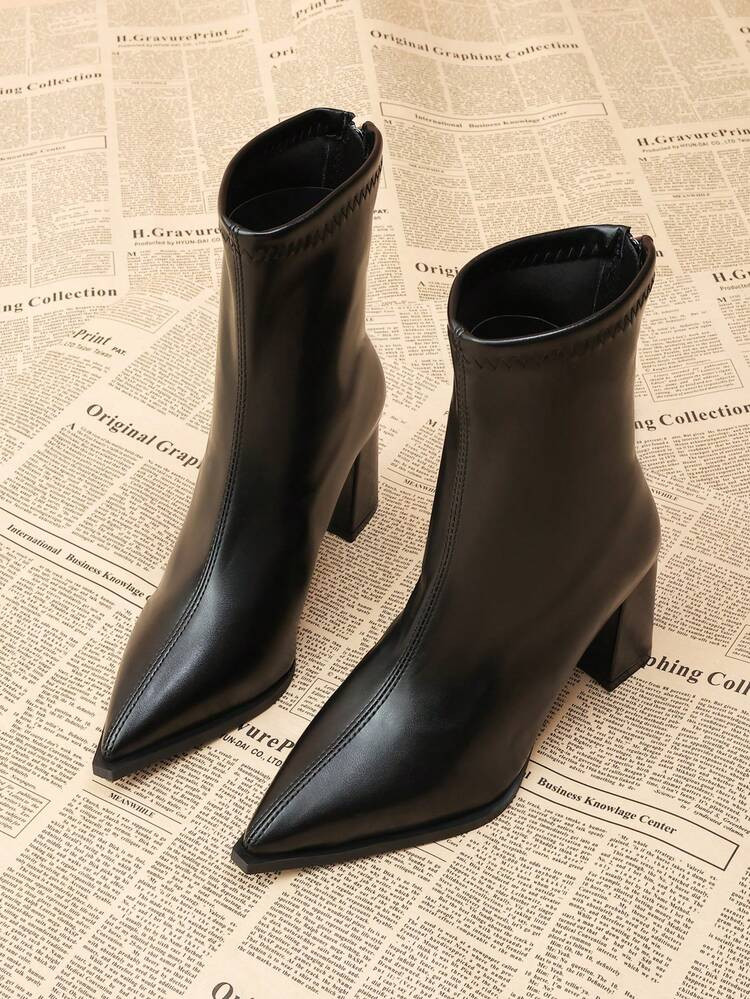 2025 Autumn/Winter New Fashion Pointed Toe Thick Heel Black Leather Short Boots, High-End Slim Fi... | SHEIN