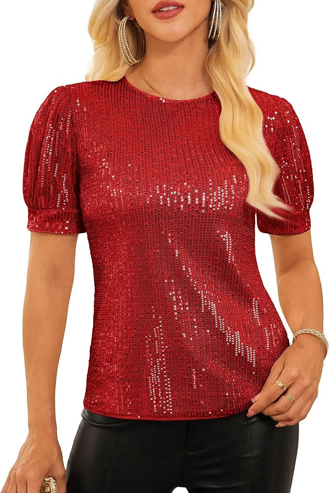 GRACE KARIN Womens Full Sequin Tops Sparkle Glitter Blouses Lantern Short Sleeve Shirts Dressy Pa... | Amazon (US)
