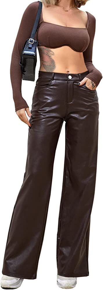 Navneet Women Faux Leather Pants PU High Waist Straight Leg Pants with Pockets | Amazon (US)