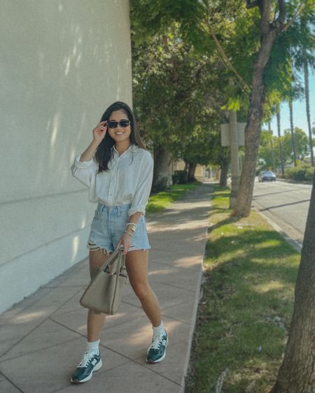 Style white long sleeves button up and ribcage denim shorts and green New Balance sneakers 💚 

#fallfashion #fallstyles #falloutfits

#LTKHoliday #LTKHolidaySale #LTKstyletip