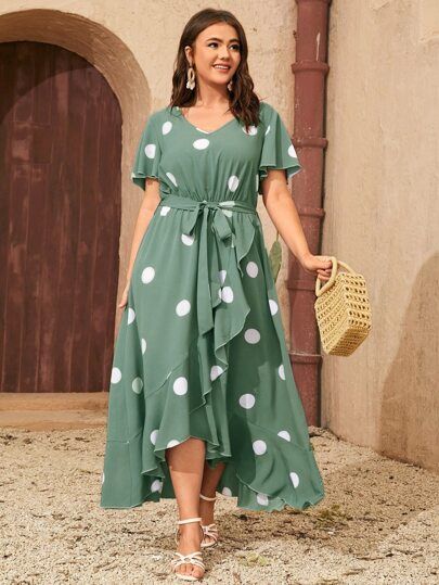 Plus Polka Dot Print V Neck Wrap Hem Belted Dress | SHEIN