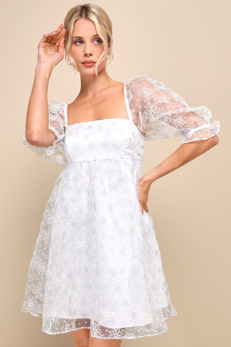 Divinely Dreamy White Floral Embroidered Babydoll Mini Dress | Lulus