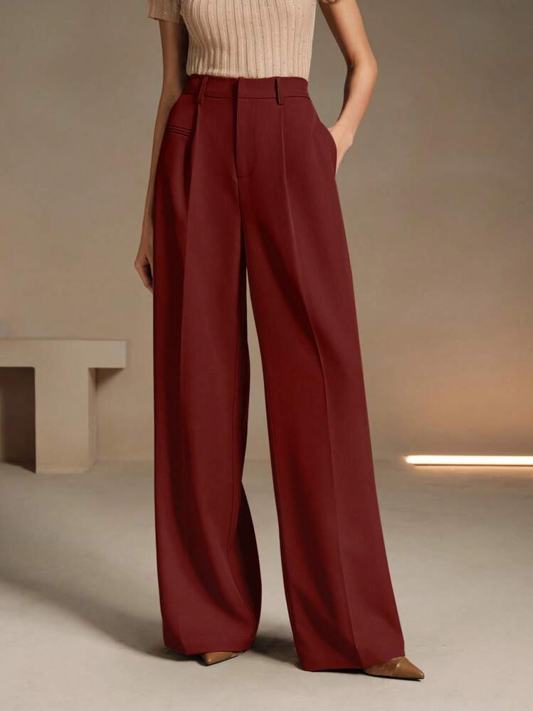 Anewsta Black Loose Straight Waistband Urban Commuting Suit Pants | SHEIN