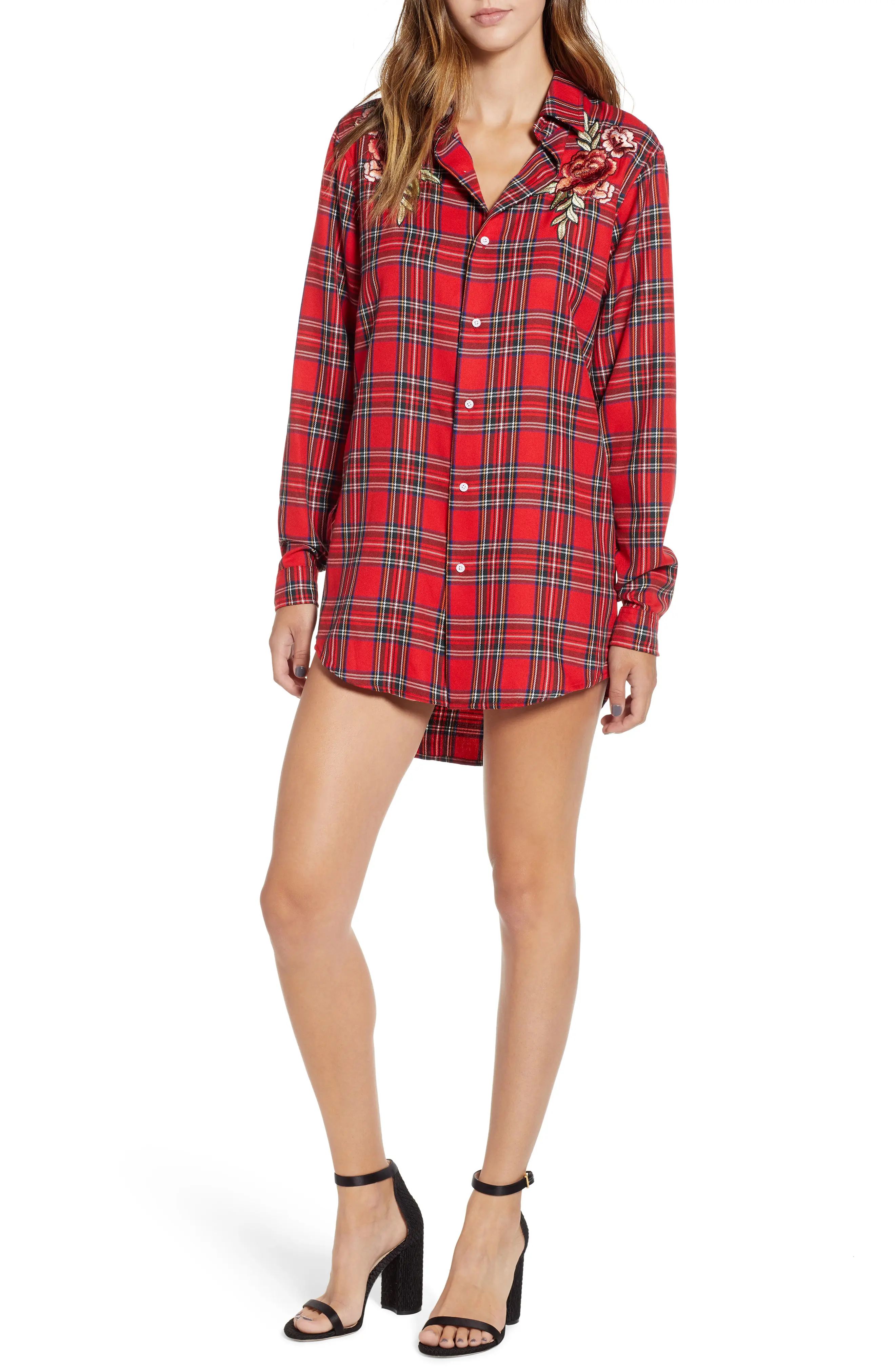 KENDALL + KYLIE Embroidered Plaid Shirtdress | Nordstrom