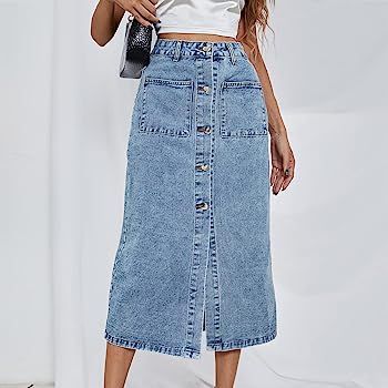 Long Denim Skirts for Women Maxi Paperbag High Waist Frayed Raw Hem A line Flare Jean Skirt with Poc | Amazon (US)