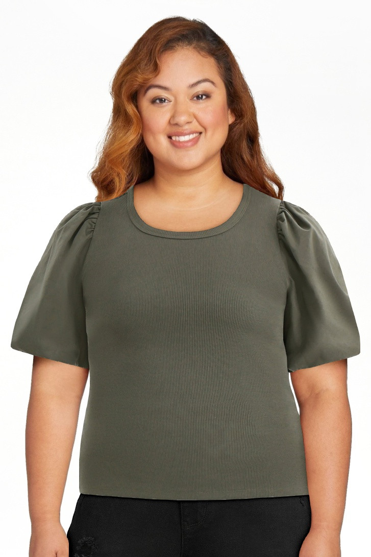 Time And Tru Women's Mixed Media Top with Short Puff Sleeves, Sizes XS-XXXL | Walmart (US)